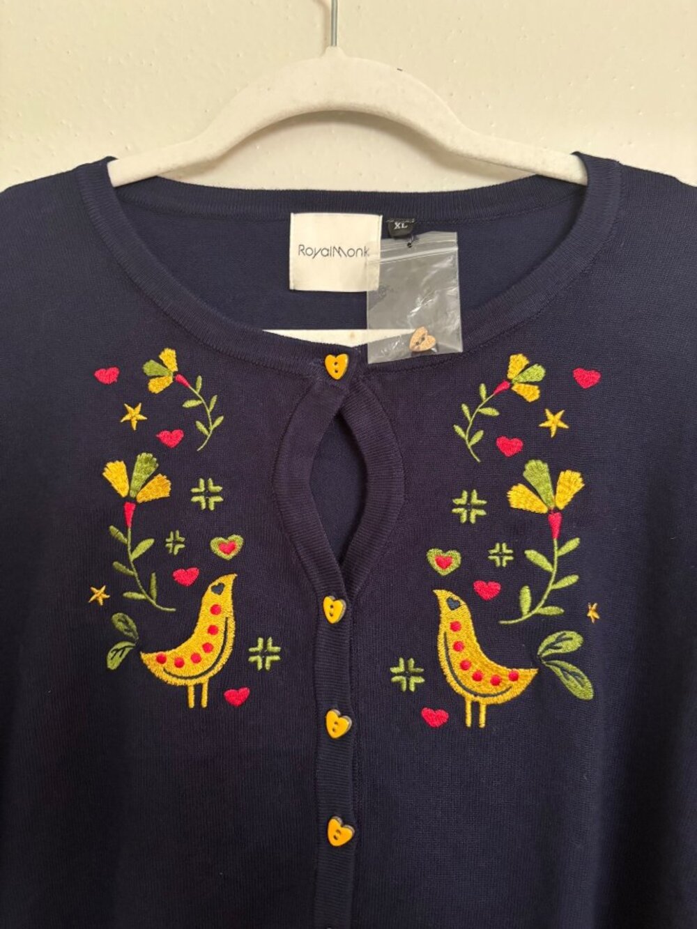 Royal Monk Navy Blue Embroidered Cardigan Heart Buttons Vintage Style XL - Picture 5 of 16